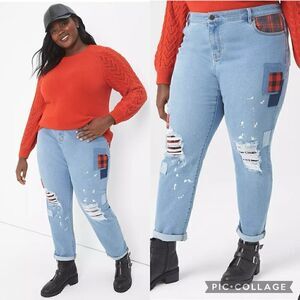 LANE BRYANT Signature Fit Distressed Boyfriend Jean Light Wash Patchwork Size 18